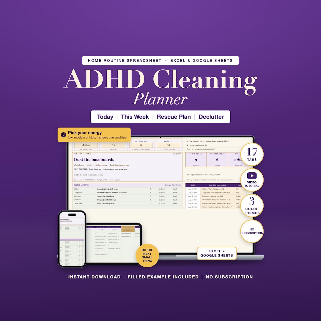 ADHD Cleaning Planner Spreadsheet: Home Routine Checklist, Chore Chart ...