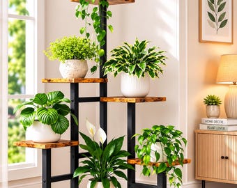 Rustic Corner Plant Stand | 6 Tier Metal Shelf