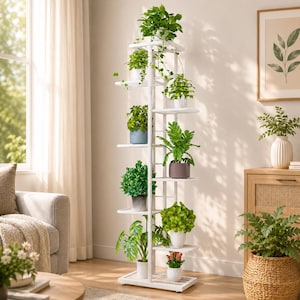 May include: A tall, white, multi-tiered plant stand featuring a central vertical support with staggered shelves extending from both sides. The structure holds various potted green plants of different sizes and shapes, arranged across the levels.