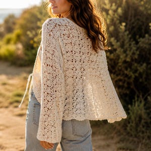 Patrón de cárdigan de ganchillo en PDF, cárdigan de verano Solea Shell Stitch de arriba hacia abajo, suéter sin costuras con punto en V, tallas XS-5X Plus, descarga digital