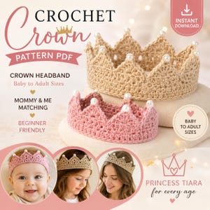 Crochet Crown Pattern PDF, Crown Headband Baby to Adult Sizes, Princess Tiara, Mommy and Me Matching, Beginner Friendly Instant Download