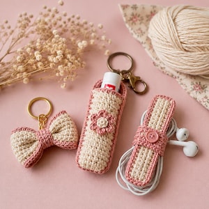 Crochet Accessories Bundle Pattern PDF, Bow Keychain, Lip Balm Holder, Cable Organizer, Beginner Crochet Gift Set, Cute Aesthetic DIY