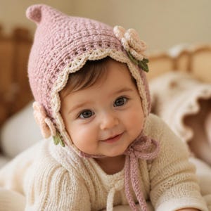 Peut inclure: Un bonnet en crochet rose poudré avec un sommet pointu, une bordure festonnée couleur crème et deux applications florales rose clair avec de petites feuilles vertes sur les côtés. Le bonnet comprend des liens en laine rose assortis.