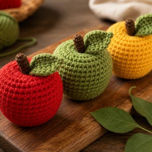 May include: Three crocheted apples in red, green, and yellow, each featuring a brown stem and a single green leaf. The yarn-based fruit items are arranged in a row, showcasing a textured, knotted stitch pattern throughout their rounded forms.