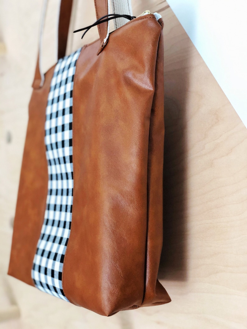 Camera Bag VEGAN Leather and Buffalo Plaid Tote Mac Tote Bag Diaper Bag Laptop