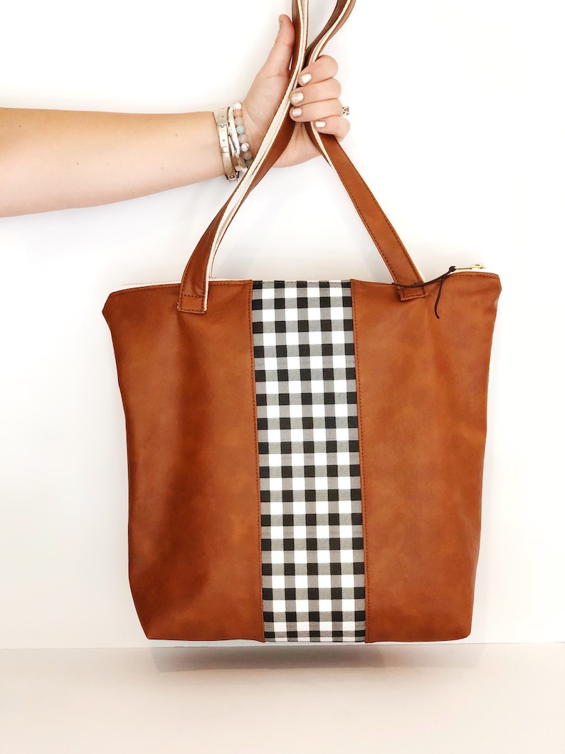 Camera Bag VEGAN Leather and Buffalo Plaid Tote Mac Tote Bag Diaper Bag Laptop