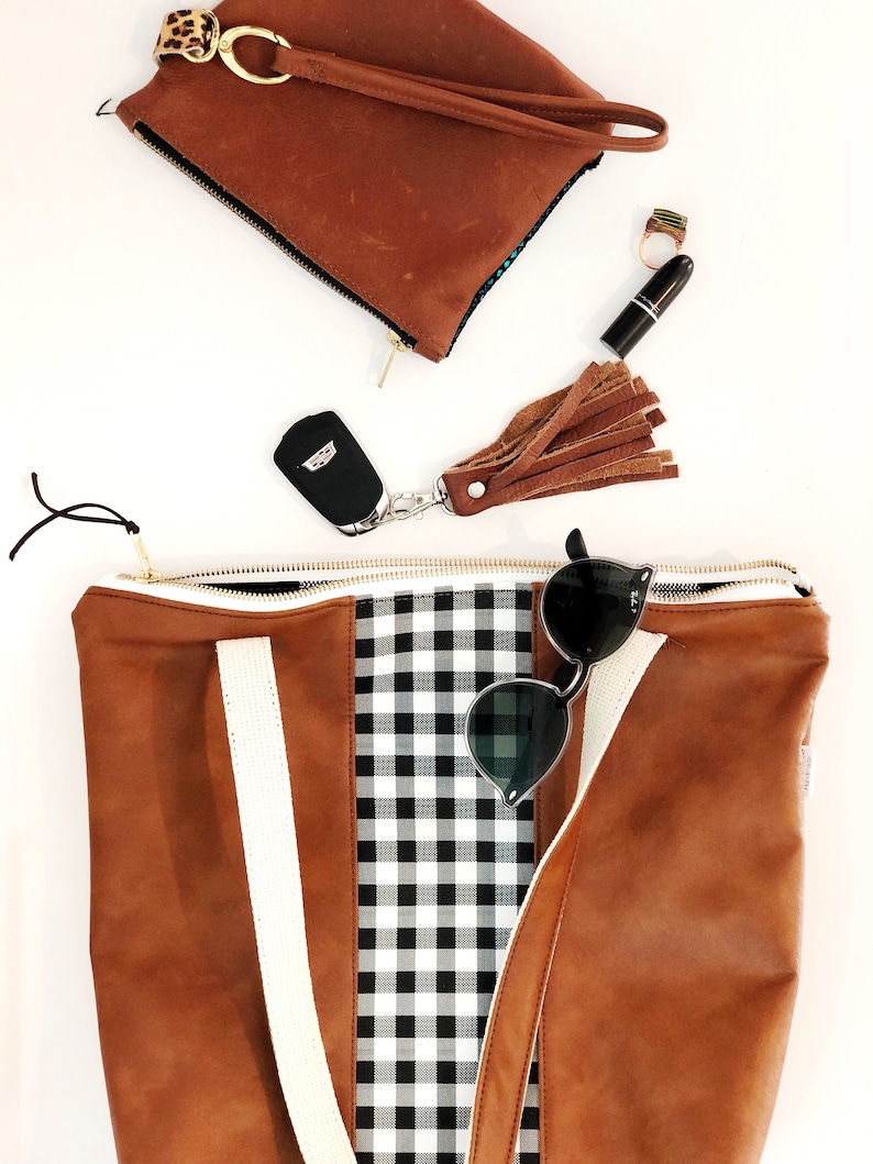 Camera Bag VEGAN Leather and Buffalo Plaid Tote Mac Tote Bag Diaper Bag Laptop