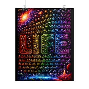 May include: A black poster featuring the word LIFE in large, rainbow-colored letters filled with tiny illustrations of animals, plants, and human figures. The background displays a cosmic timeline from the Big Bang to modern technology and space travel.