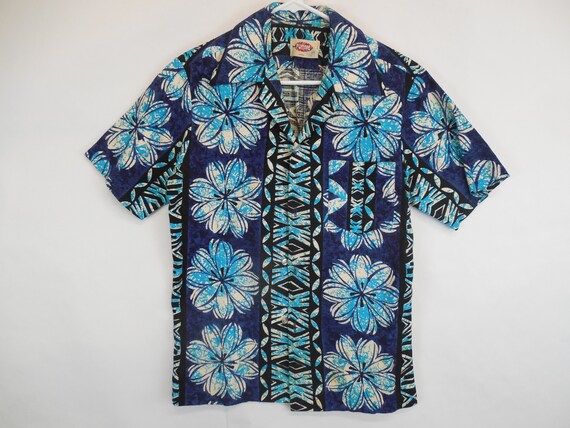 1960s Pomare barkcloth blue floral Hawaiian mens s