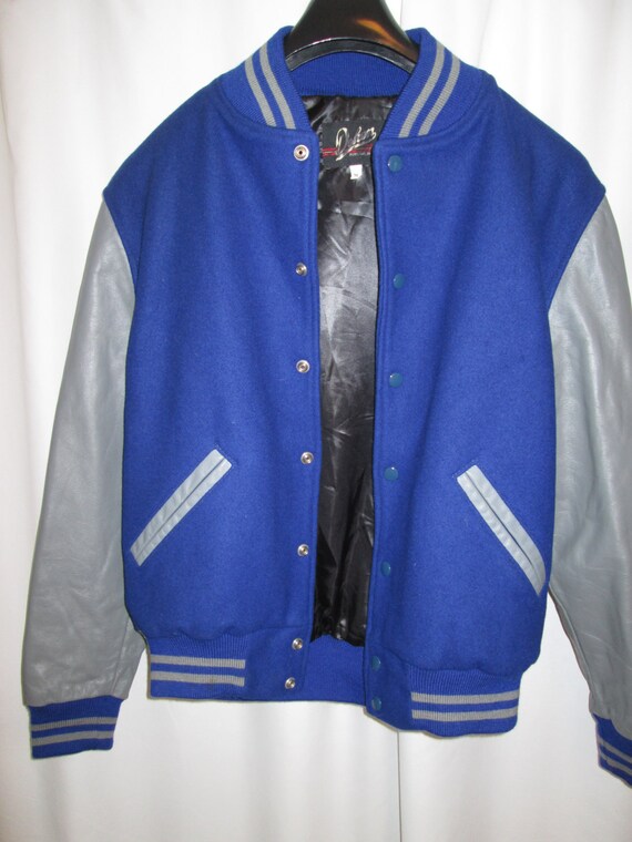 Vintage Dehen 14 Oz Royal Blue Heavy Weight Wool Gray Leather Sleeves Striped Collar Cuffs Waistband Varsity Jacket Mens M