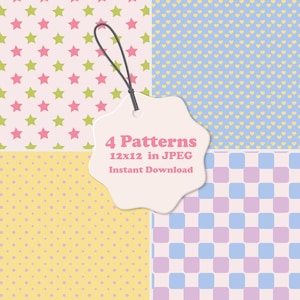 Pode incluir: Um gráfico digital com quatro padrões distintos: estrelas cor-de-rosa sobre fundo claro, corações amarelos sobre azul, pontos roxos sobre amarelo e um design xadrez azul e roxo. Uma etiqueta branca recortada com cordão preto exibe 4 Patterns 12x12 in JPEG.