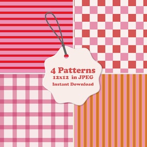 Pode incluir: Um gráfico digital com quatro padrões distintos: listras horizontais vermelhas e rosas, um xadrez vermelho e rosa, um padrão vichy rosa e branco e listras verticais laranja e rosas, com uma etiqueta central lendo 4 Patterns 12x12 in JPEG.