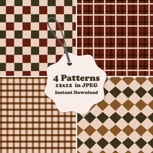 Pode incluir: Uma coleção digital de quatro padrões geométricos distintos em tons de castanho, bege e creme. Os padrões incluem um xadrez, uma grelha, um tartan e um design de losangos. Uma etiqueta branca recortada com o texto 4 Patterns 12x12 in JPEG Instant Download está pendurada por um fio preto.