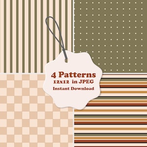 Pode incluir: Um gráfico digital com quatro padrões distintos: riscas verticais, pontos brancos sobre verde azeitona, uma grelha axadrezada e riscas horizontais em castanho, azeitona e creme. Uma etiqueta branca com o texto 4 Patterns 12x12 in JPEG Instant Download.