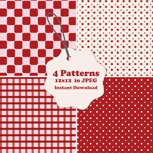 Pode incluir: Uma coleção digital de quatro padrões em tons de vermelho e rosa, incluindo quadrados, estrelas, xadrez e bolinhas. Uma etiqueta branca recortada com um cordão preto exibe o texto 4 Patterns 12x12 in JPEG Instant Download.
