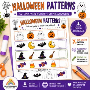 May include: A printable Halloween patterns worksheet for preschoolers featuring rows of icons including ghosts, pumpkins, bats, moons, witch hats, brooms, and candy. The page includes cut and paste instructions, a dotted cutting line, and a section for cutting out individual images to complete the sequences.