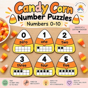 Candy Corn-pussel med siffror 0-10 | Matematikcenter för förskola (digital nedladdning)