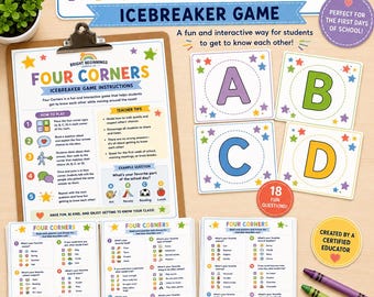 May include: A Four Corners icebreaker game set including a clipboard with instruction sheets, four square signs labeled A, B, C, and D with colorful stars, three question sheets, and three crayons in purple, green, and orange colors.