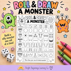 Peut inclure: Une fiche d'activité Roll & Draw a Monster avec une grille présentant des icônes de dés et diverses parties de corps de monstre à dessiner. La feuille inclut des instructions, deux dés blancs à points noirs et quatre crayons de couleur.