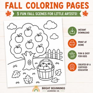 May include: A black and white colouring page titled FALL COLORING PAGES 5 FUN FALL SCENES FOR LITTLE ARTISTS! featuring an apple tree, a basket of apples, and fallen leaves. Icons indicate instant download, print at home, and educator creation.