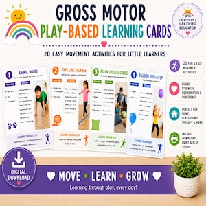 Puede incluir: Un conjunto de cuatro tarjetas de aprendizaje basadas en el juego motor grueso con 20 actividades de movimiento para niños. Cada tarjeta incluye instrucciones para ejercicios como caminatas de animales, equilibrio en línea, obstáculos y globos.