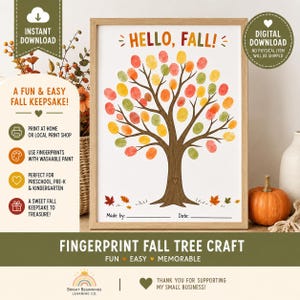May include: A digital print featuring a brown tree trunk with bare branches and colorful fingerprint leaves in shades of red, orange, yellow, and green. The text reads HELLO, FALL! at the top, with lines for Made by: and Date: at the bottom.