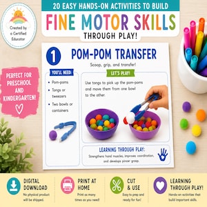 May include: An educational activity sheet titled 20 Easy Hands-On Activities to Build Fine Motor Skills Through Play, featuring instructions for a pom-pom transfer task with colourful pom-poms, blue tongs, and purple bowls, alongside markers.