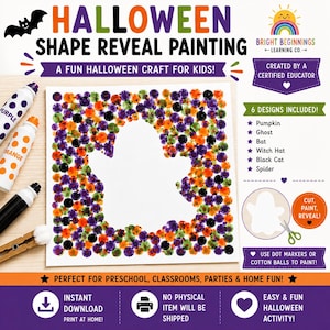 May include: A Halloween shape reveal painting activity kit featuring a white paper with a ghost-shaped negative space surrounded by purple, orange, and green dot patterns. Includes dot markers, a clothespin with a cotton ball, and text instructions.