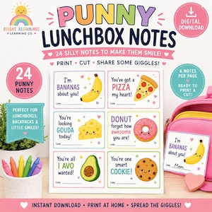 以下が含まれることがあります： バナナ、ピザ、チーズ、ドーナツ、アボカド、クッキーのカラフルなイラストと「I'm BANANAS about you」「You're one smart COOKIE」などのテキストが描かれた、24枚のランチボックス用メモのデジタルダウンロードシートとピンクのランチボックス。