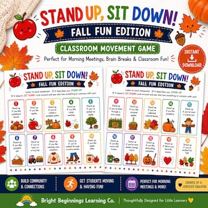 Peut inclure: Un jeu de mouvement pour la classe intitulé Stand Up, Sit Down! Fall Fun Edition. Les feuilles imprimables présentent vingt consignes numérotées avec des illustrations sur le thème de l'automne comme des pommes, des citrouilles et des feuilles.