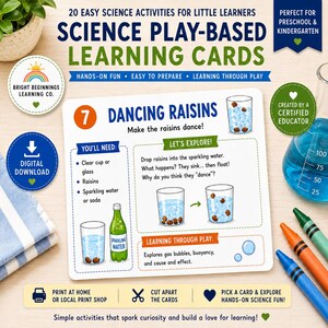 Könnte beinhalten: Eine quadratische Lernkarte mit dem Titel Dancing Raisins, die wissenschaftliche Aktivitäten für Kinder beschreibt. Die Karte enthält eine Materialliste, eine Schritt-für-Schritt-Anleitung und Illustrationen von Rosinen in einem Glas Wasser.
