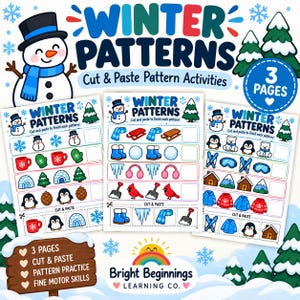 May include: Three printable activity sheets titled Winter Patterns Cut & Paste Pattern Activities featuring illustrations of snowmen, penguins, polar bears, and winter gear. The pages include cut-out sections for completing sequences and fine motor skill practice.