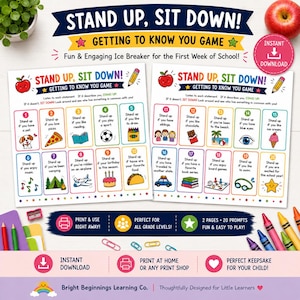 May include: Two pages of a Stand Up, Sit Down! getting to know you game for students. Each page features ten numbered prompts with colorful illustrations like a pizza, soccer ball, and airplane, designed as an ice breaker for the school year.