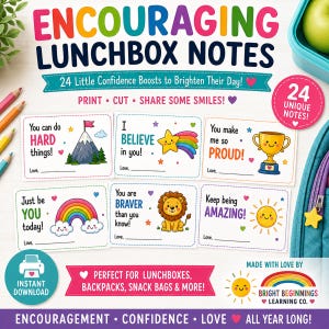 May include: A set of 24 Encouraging Lunchbox Notes featuring colorful illustrations of a mountain, shooting star, trophy, rainbow, lion, and sun. Each card includes positive phrases like You can do hard things and I believe in you with a space for a signature.