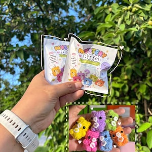Puede incluir: Dos bolsas sorpresa blancas con ilustraciones de osos coloridos y el texto MYSTERY BAG, junto a una colección de seis pequeños llaveros de osos tejidos a ganchillo en amarillo, morado, verde, rosa, azul y naranja, con un pequeño corazón.
