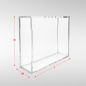 May include: A clear acrylic display case with a rectangular frame. Red arrows indicate the height labeled H, the length labeled L, and the width labeled W, showing the dimensions of the structure with visible interlocking joints at the corners.