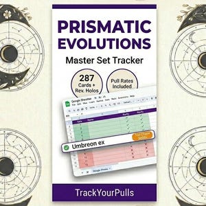 Könnte beinhalten: Ein digitaler Master-Set-Tracker für Prismatic Evolutions mit einer Tabellenkalkulationsoberfläche für 287 Karten und Reverse-Holos, Pull-Raten und einem hervorgehobenen Umbreon ex-Eintrag. Das Design zeigt schwarze und goldene Mond- und Blumenmotive.