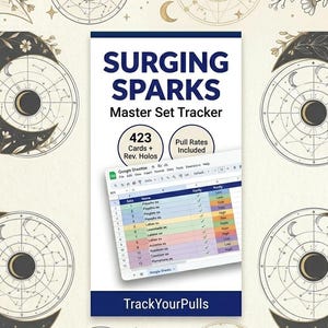 Op de afbeelding: Een digitale master set tracker voor Surging Sparks met een spreadsheet-interface voor 423 kaarten en reverse holos. Het ontwerp bevat hemelse maan- en bloemmotieven in zwart en goud op een crèmekleurige achtergrond met de tekst TrackYourPulls.
