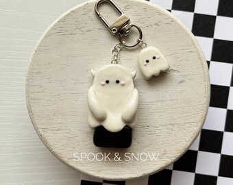 Handmade Spooky Halloween Ghost Black Yeti with Ghost Charm Polymer Clay Keychain