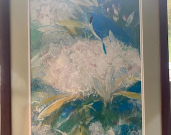 Original Mixed Media Impressionist Bird Painting Framed 17x21, Signed T. Matano Textured Floral Bluebird Artwork, Japanese Yōga Fine Art