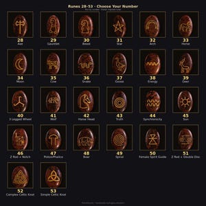 Puede incluir: Una cuadr&iacute;cula de 26 piedras ovaladas de obsidiana caoba, cada una grabada con un s&iacute;mbolo dorado &uacute;nico y numerada del 28 al 53. El texto 'Runes 28-53 &middot; Choose Your Number' aparece en la parte superior, con etiquetas bajo las piedras.
