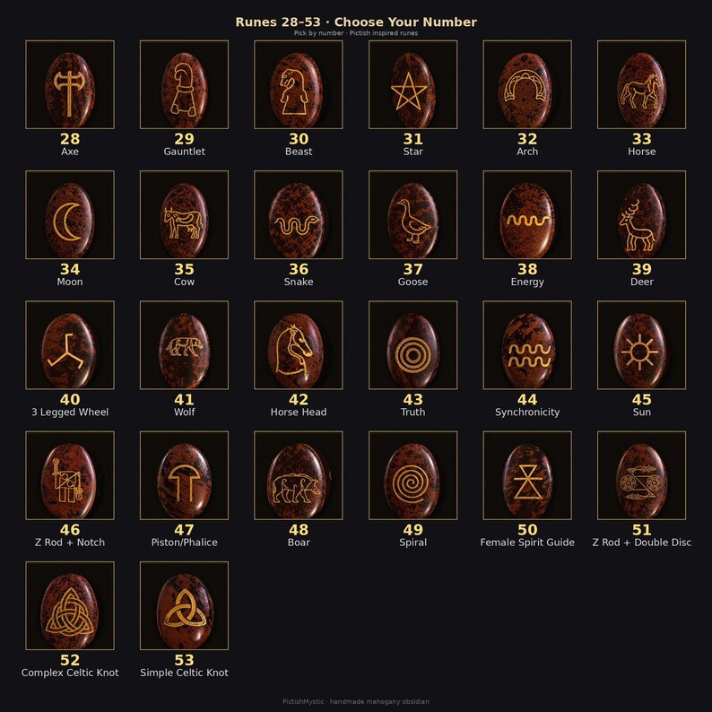 Puede incluir: Una cuadr&iacute;cula de 26 piedras ovaladas de obsidiana caoba, cada una grabada con un s&iacute;mbolo dorado &uacute;nico y numerada del 28 al 53. El texto 'Runes 28-53 &middot; Choose Your Number' aparece en la parte superior, con etiquetas bajo las piedras.