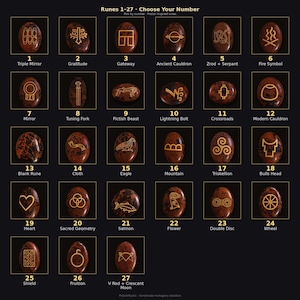 Puede incluir: Una colección de veintisiete piedras de obsidiana caoba, cada una de forma ovalada con un símbolo grabado de color dorado. Las piedras están dispuestas en una cuadrícula, numeradas del 1 al 27, con etiquetas de texto que identifican cada símbolo, como Triple Mirror.