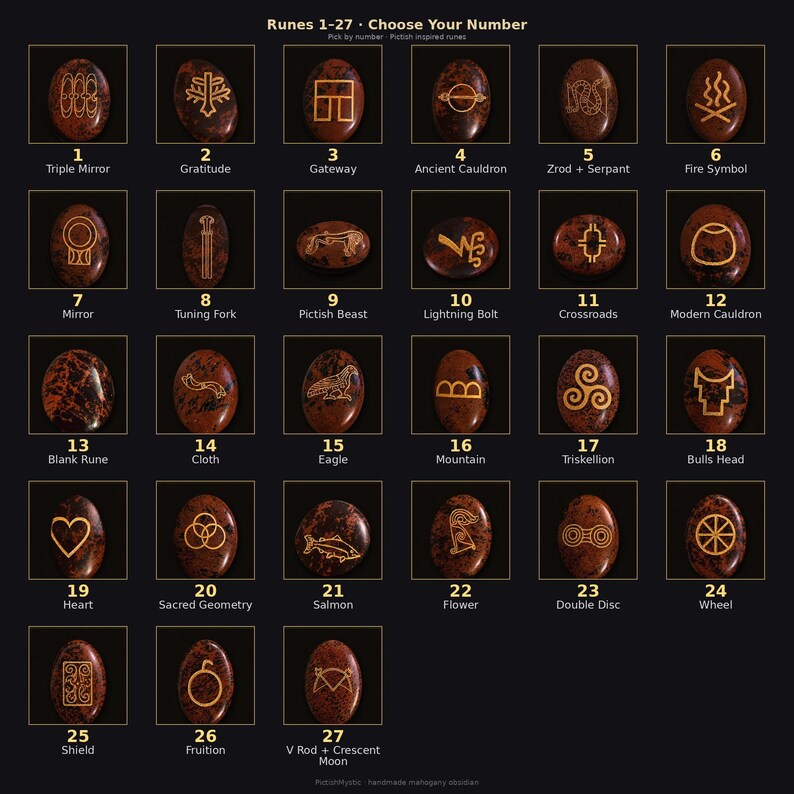 Puede incluir: Una colecci&oacute;n de veintisiete piedras de obsidiana caoba ovaladas, cada una grabada con un s&iacute;mbolo dorado &uacute;nico y numerada del 1 al 27. La tabla se titula Runes 1-27 Choose Your Number y muestra varios iconos, incluyendo un coraz&oacute;n, un &aacute;guila, un salm&oacute;n y formas geom&eacute;tricas.