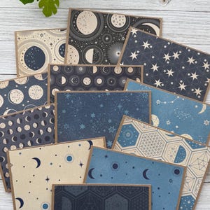 Note Cards Set of 12 ~ Stars & Moon ~ Universe ~ Moon Phase ~ Galaxy ~ Thank You ~ Thinking of You ~ Blank Kraft or White Stationery Pack