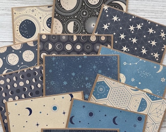Note Cards Set of 12 ~ Stars & Moon ~ Universe ~ Moon Phase ~ Galaxy ~ Thank You ~ Thinking of You ~ Blank Kraft or White Stationery Pack