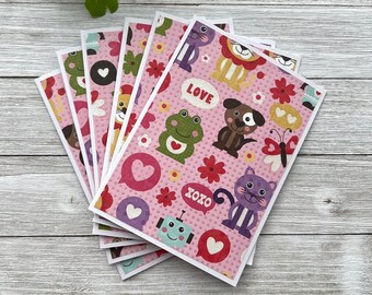 Note Cards Set of 6 ~ Valentine's Day ~ Robots ~ Cats ~ Dogs ~ Lions ~ Frogs ~ All Occasions - Thank You ~ Blank Stationery Pack