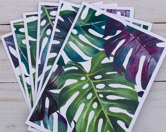 Note Cards Set of 6 ~ All Occasion ~ Tropical Monstera Leaves ~ Plant Lovers ~ Thank You ~ Blank Stationery Pack - PinkPeppermintShoppe