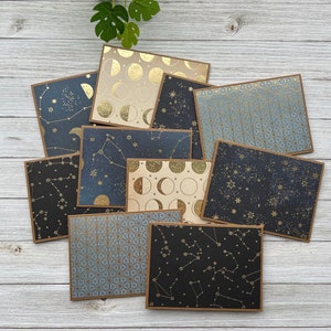 Note Cards Set of 10 ~ Stars & Moon ~ Universe ~ Moon Phase ~ Galaxy ~ Thank You ~ Gold Foil ~ Blank Kraft or White Stationery Pack