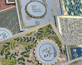 Handmade Assorted Note Cards Set of 10 ~ Thank You ~ Birthday ~ Sympathy ~ Hello ~ Get Well ~ Thinking of You - Gold Foil Stationery Pack